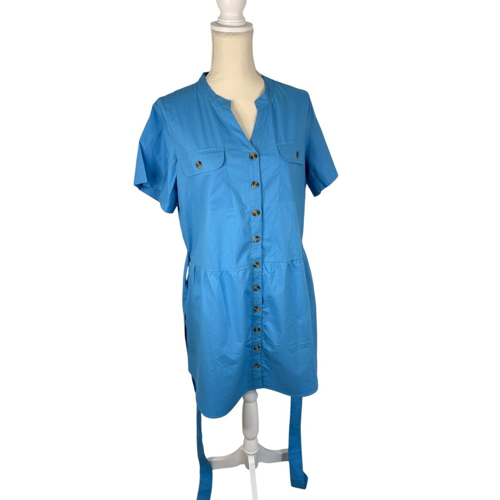 NWT Olivia James Womens Blue Belt Flap Pocket Utility Chic Mini Dress Size Large - Picture 3 of 16